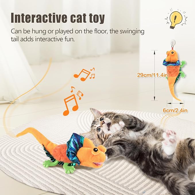 Migipaws Cat Toys, Touch Activated Flapping Chirping Lizard Kitten Toy with Catnip for Indoor Cats Kicker, Rechargeable (Orange)