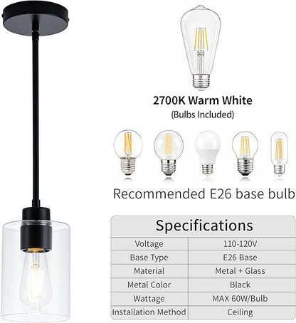 MAYNA 3-Pack Black Kitchen Island Lighting Over Table, Linear Industrial Chandelier with Glass Shades, Adjustable Rods Ceiling Lights for Kitchen, Breakfast Nook (Bulbs Included)