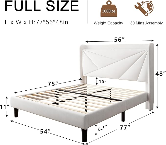 Full Size Upholstered Bed Frame with Charging Station, Platform Bed Frame with Storage Headboard, Solid Wood Slats Support, No Box Spring Needed, White