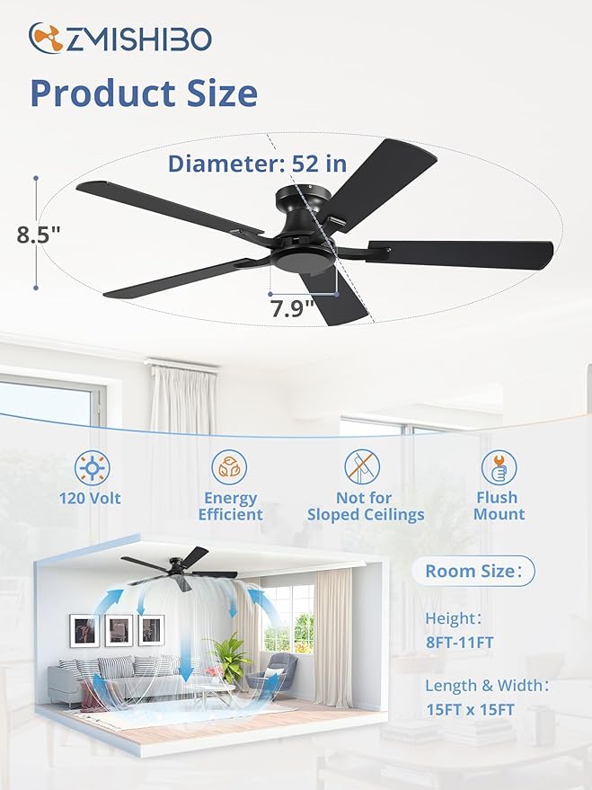 ZMISHIBO 52 Inch Ceiling Fan No Light, Flush Mount Low Profile, Modern Black