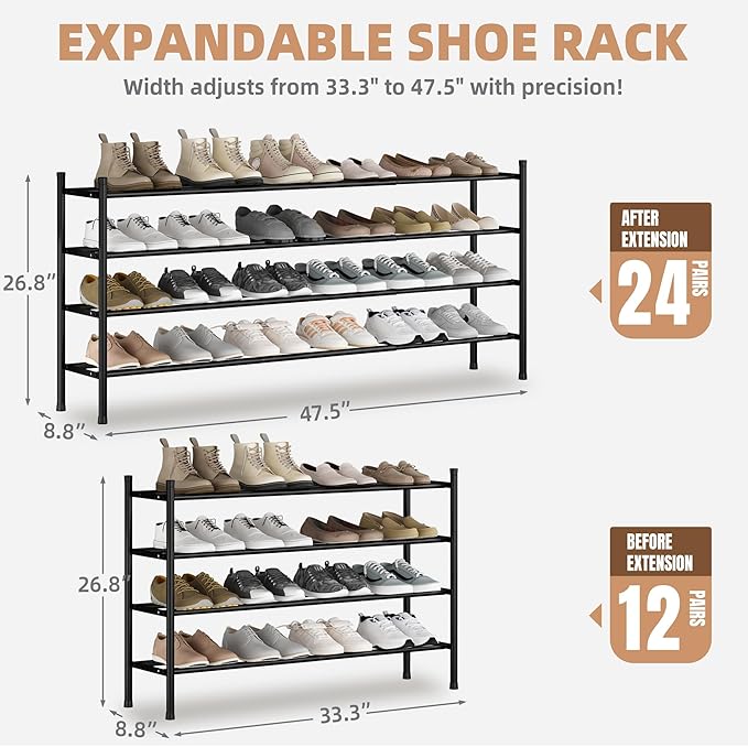 STORAGE MANIAC Long Expandable Shoe Rack, 24 Pairs Metal Wide Stackable Shoe