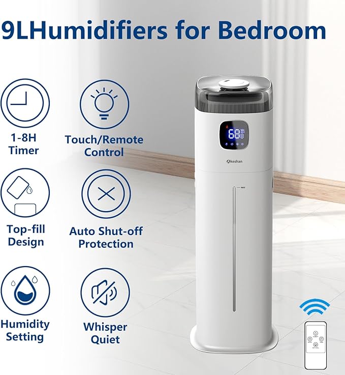Akeshan Large Humidifier for Bedroom, 9L/2.5Gal Ultrasonic Cool Mist, Easy Clean