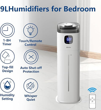 Akeshan Large Humidifier for Bedroom, 9L/2.5Gal Ultrasonic Cool Mist, Easy Clean