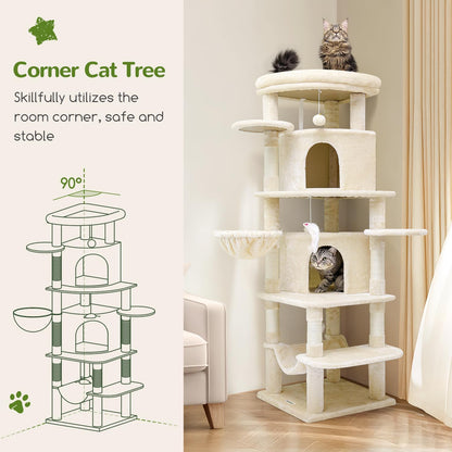 Globlazer Corner Cat Tree for Large Cats, 66inch Tall Curved Series Large Cat Tower for Multiple Indoor Cats with 6 Scratching Posts, 2 Spacious Cat Condos, Hammock, Hanging Basket, C66, Beige