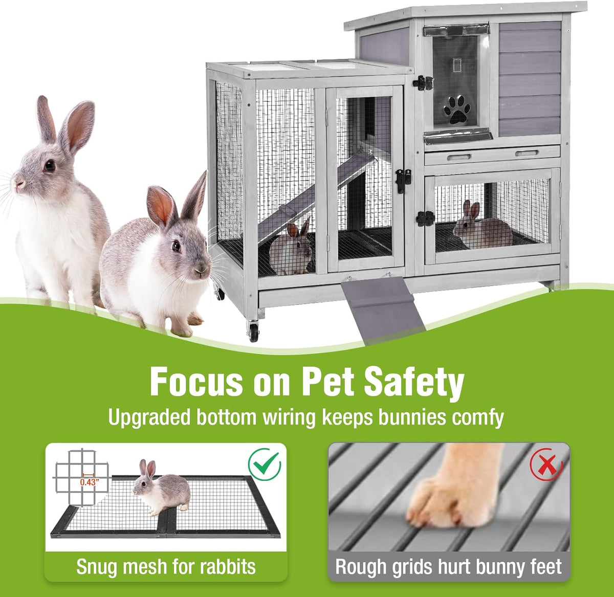 2-Story Rabbit Hutch Indoor Bunny Cage Outdoor Guinea Pig House with Wire Mesh Floor, Leak-Proof Trays, Lockable Wheels for Rabbits, Guinea Pigs, 40.6" L x 26" W x 37.6" H