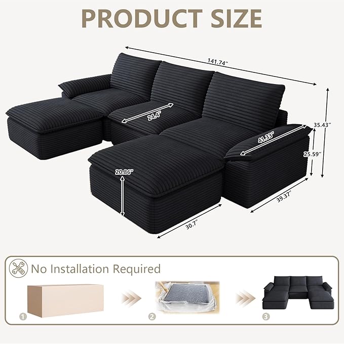 111" Cloud Sectional Couch with U-Shaped Chaise, Corduroy Sectional Sofa with Ottoman, Boneless Couch with Deep Seat in a Box for Living Room, No Assembly Required (Black)