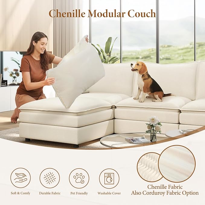 Vesgantti 101" V-Shaped Corner Couch Sectional, 7 Seat Customizable Modular Cloud Couches with Movable Ottoman, Chenille Deep Seat Sofa Set with Chaise for Living Room, Bedroom and Apartment, Beige
