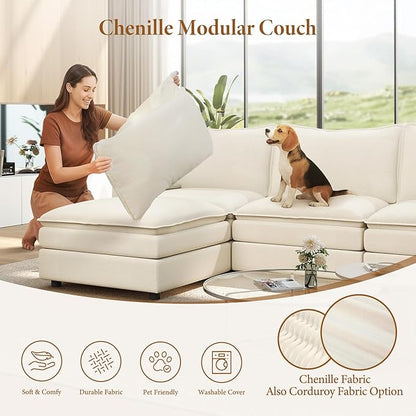 Vesgantti 101" V-Shaped Corner Couch Sectional, 7 Seat Customizable Modular Cloud Couches with Movable Ottoman, Chenille Deep Seat Sofa Set with Chaise for Living Room, Bedroom and Apartment, Beige