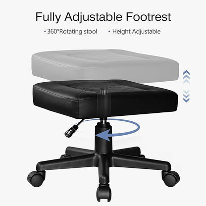 VECELO Under Desk Footrest, PU Ergonomic Foot Rest with Wheels, Comfort Padding, Height Adjustable for Relieving Leg Pain, Stiffness, Black