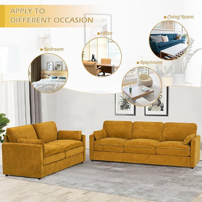 89” Chenille Sofa w/Arm Pillows, Upholstered 3-Seater Sofa w/Comfortable Back Cushions, Modern 3 Seats Couch w/High-Density Foam for Living Room, Apartment, Office, Yellow