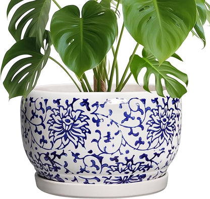 SQOWL Ceramic Pots for Plants - 10 Inch Ceramic Flower Pots with Drainage Hole and Saucer, Round Large Planter Indoor, Decorative Porcelain Planter Outdoor, Home Decor, Birthday Gifts, Blue and White