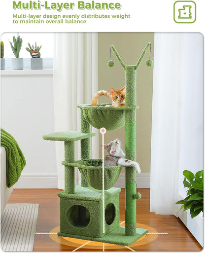 Cactus Cat Tree, 47.6" Cat Tower with 2 Metal Frame Hammock, Cat Scratching Post for Indoor Cats with 2 Removable Pompom Sticks for Kittens, Green