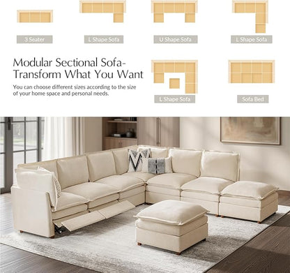 HULALA HOME 128'' Power Recliner Sofa with Dual-Layered Cushions, Oversized Modular Sectional Sofa L Shaped Couch with Storage Ottoman, 8 Seater Cloud Couch for Living Room, Beige