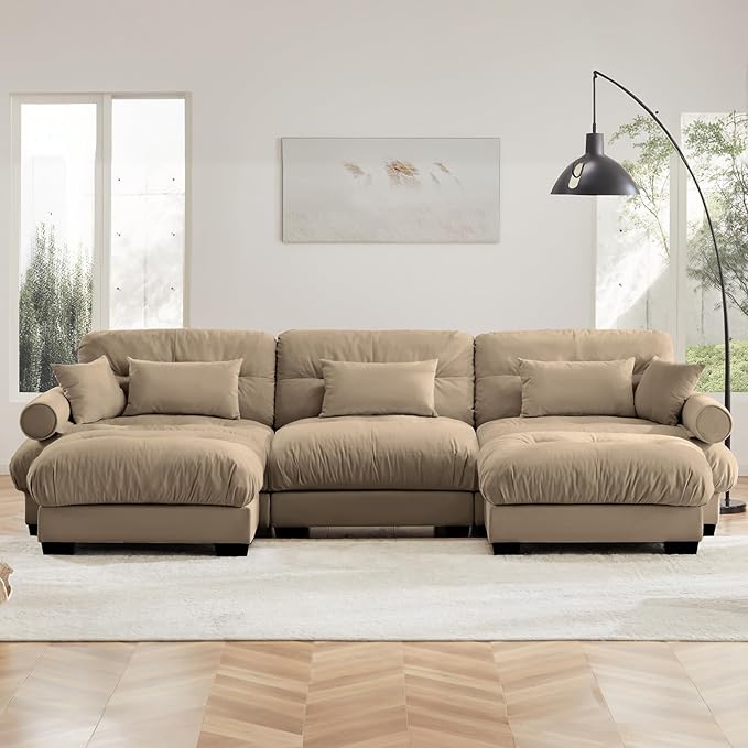 130" Oversized Couch, 3 Seater Modular Sectional Sofa, Camel Large U Shaped Sectional Couches for Living Room, Fluffy Couch Set, 3 Seater, Velvet Cloud Couch with Ottoman, Sofas for Living Room