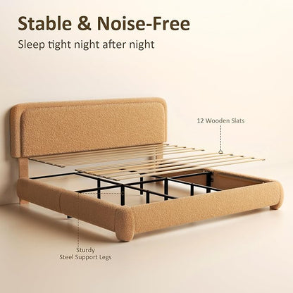 King Bed Frame, Teddy Velvet Boucle Bed Frame with 43.3"/45.3" Adjustable Upholstered Headboard, Rounded Corners, Mattress Foundation, No Box Spring Required, Brown