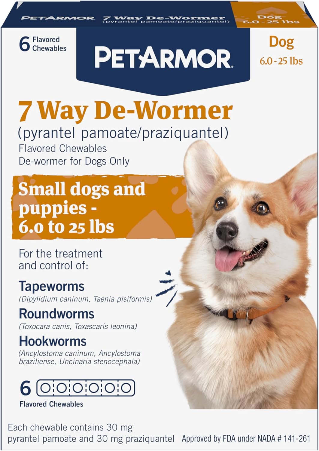 PetArmor 7 Way De-Wormer for Dogs, Oral Treatment for Tapeworm, Roundworm & Hookworm in Small Dogs & Puppies (6-25 lbs), Worm Remover (Praziquantel & Pyrantel Pamoate), 6 Flavored Chewables