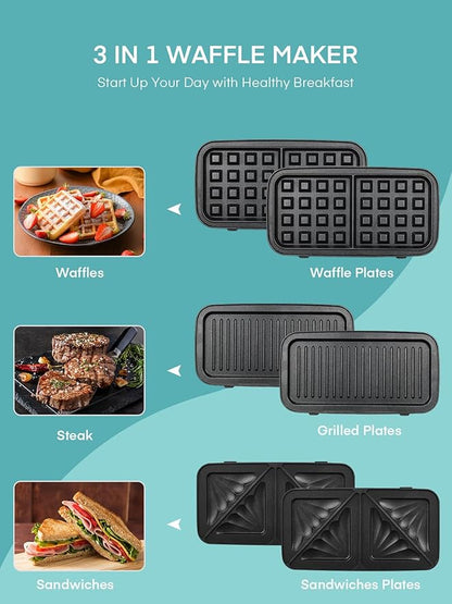 FOHERE Waffle Maker 3 in 1 Sandwich Maker 1200W Panini Press