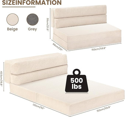 Folding Sofa Bed, Convertible Sleeper Chair with Pilow Foldable Matress, 2 in 1 Pull Out Loveseat Sofa Portable Fold Out Chair Bed Floor Couch Lounge for Living Room Bedroom (Beige, Queen)