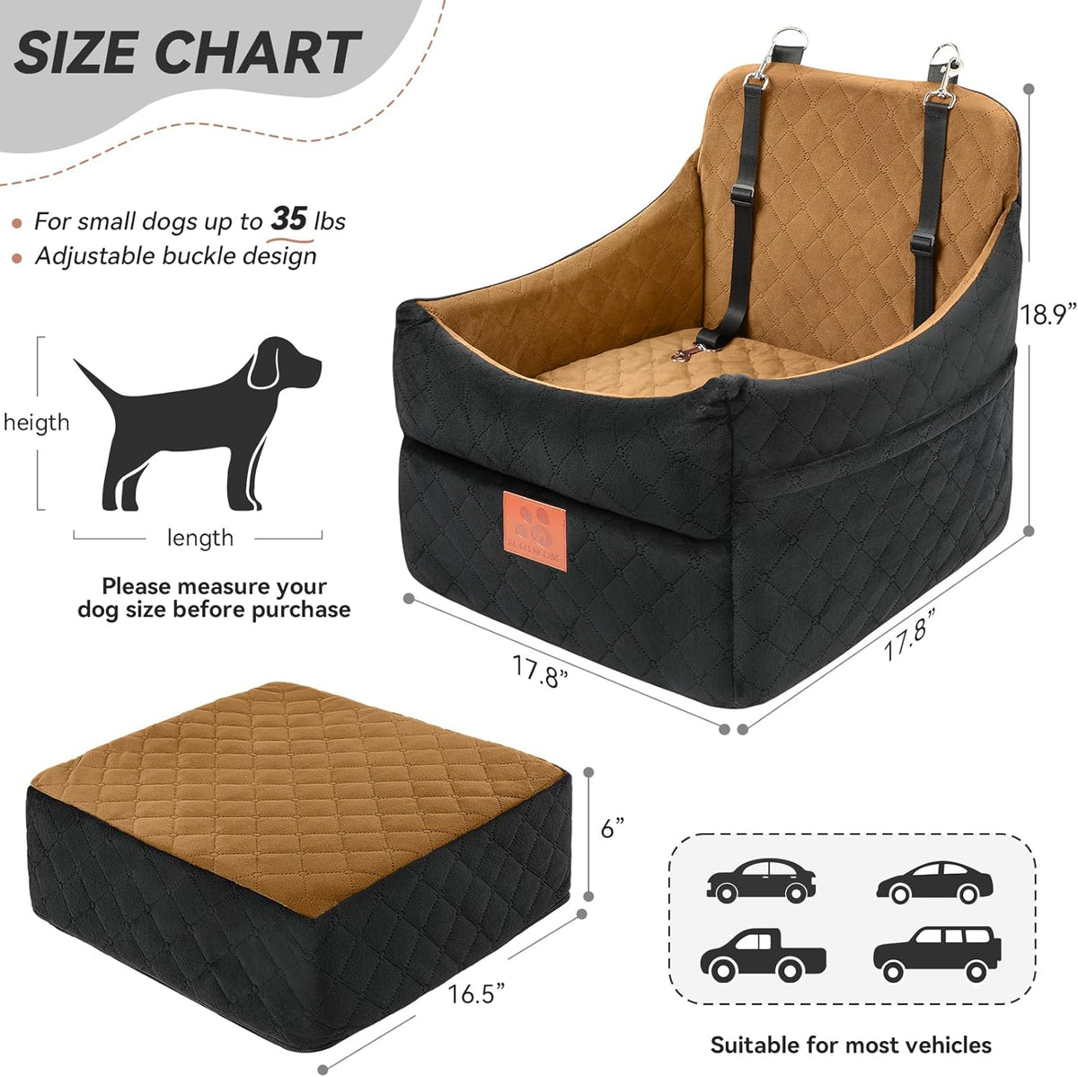 Dog Car Seat for Small/Medium Dogs, Dog Booster Car Seats with Thick Cushion for Dogs Under 35lbs, Detachable Washable Pet Car Seat with Storage Pockets, 2 Safety Belts(Black/Coffee)