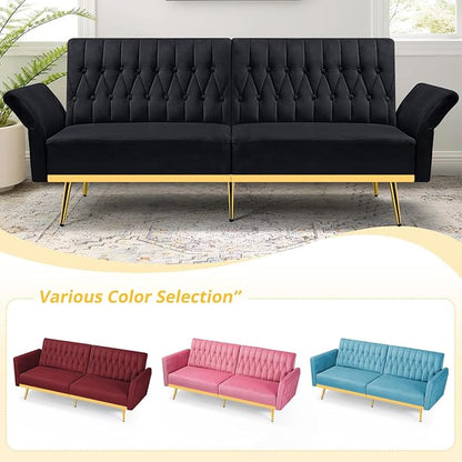 70” Velvet Futon Sofa Bed with 2 Pillows and Adjustable Armrests, Convertible Sleeper Bed W/Adjustable Backrests, Modern Loveseat for Living Room, Bedroom, Black