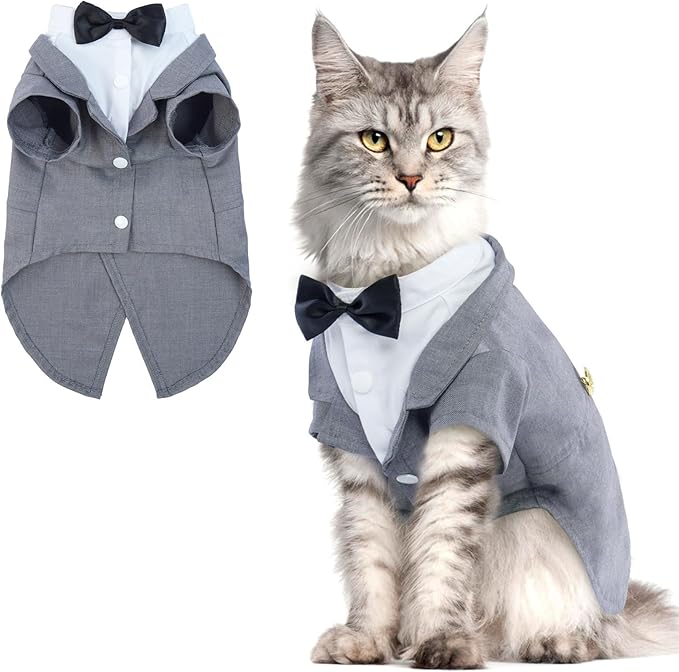 QBLEEV Cat Tuxedo Suit, Cat Halloween Costumes for Cats Only, Sphynx Cat Tuxedo Outfit Costume with Bow Tie, Kitten Formal Attire Wedding Birthday Onesie Clothes for Male Girl Hairless Cats