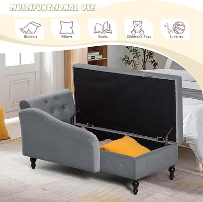 ACMEASE Upholstered Chaise Lounge with Left Armrest & Lumbar Pillow,Button Tufted Lounge Sofa with Storage,Lounge Chair Indoor,Modern Velvet Lounge Chair for Bedroom, Living Room and Office,Grey