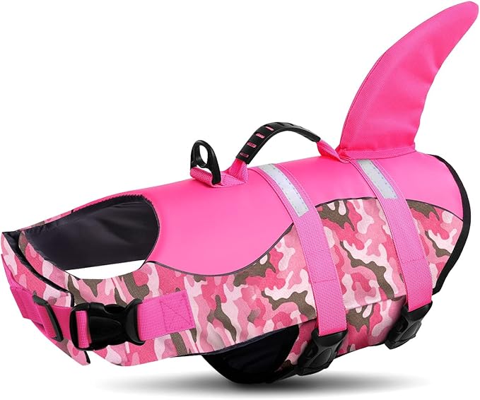 Dog Life Jacket Ripstop Dog Shark Safety Vest Adjustable Preserver with High Buoyancy and Durable Rescue Handle for Small,Medium,Large Dogs, Pink Camouflage Medium