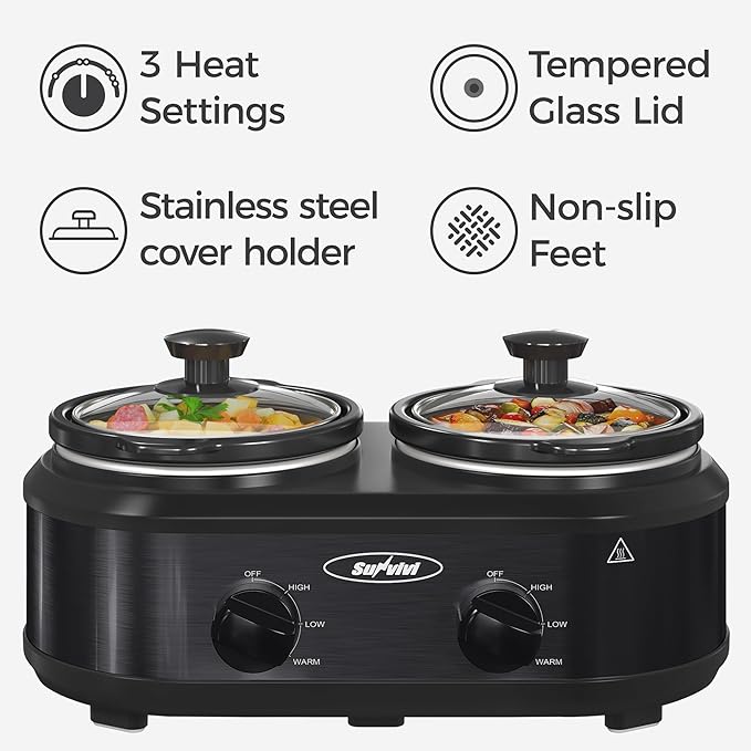 Sunvivi Double Slow Cooker, 2 Pot Small Mini Crock Buffet Servers and Warmer