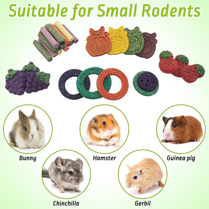Fhiny 27 PCS Natural Bunny Chew Toys Molar Rabbit Toys Contain Timothy Grass Pumpkin Beets Purple Potatoes Carrot Hamster Treats for Chinchillas Guinea Pigs Mice Gerbils Teeth Grinding