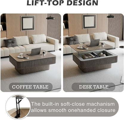 FGXJY Lift Coffee Table with Storage & Adjustable Height, Rectangle Solid Wood Coffee Table Fluted Center Table Accent Tea Table or Living Room, Apartment, Office (38.6" Grey)