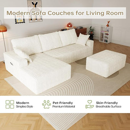 108" U Shaped Sectional Couch with Ottoman, Corduroy Modular Sectional Sofa with Deep Seat, Modern Modular L-Shape Sofa Couch with Chaise,Upholstered Boneless Couches for Living Room Bedroom