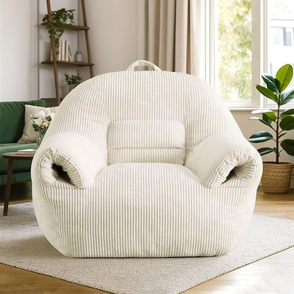 Peace nest Bean Bag Chair with Memory Foam Filled Ultra Soft Corduroy Cover for Adults Comfy Fur Bean Bag Chairs with Armrests for Bedroom Living Room Office Dorm Reading Beige