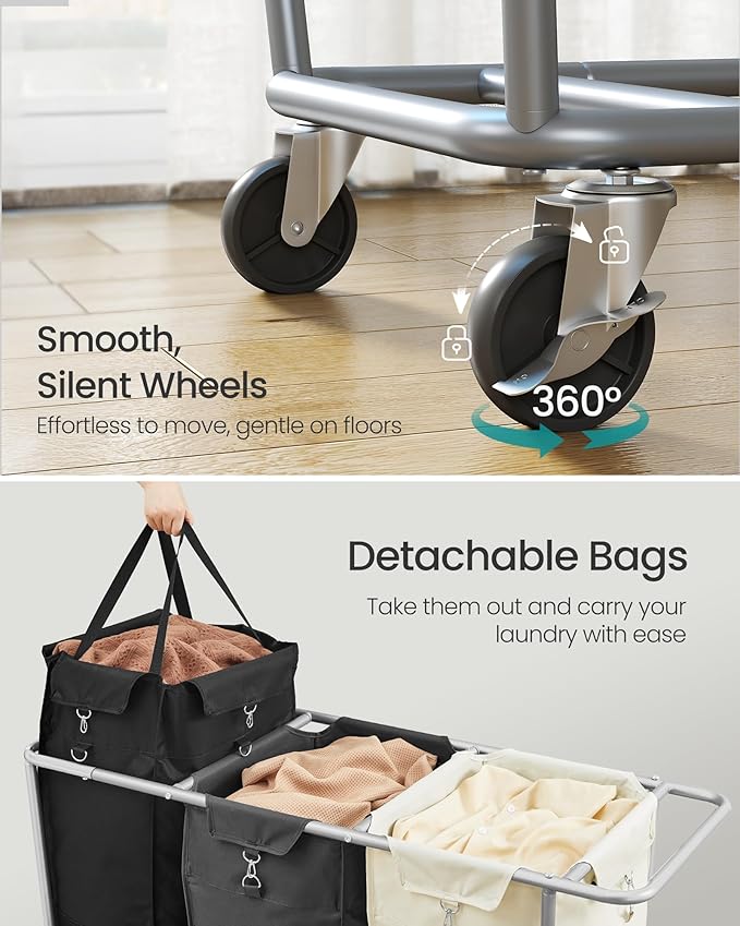 SONGMICS Laundry Basket with Wheels, 3-Section Laundry Sorter, 76.6 Gallons (290 L) Rolling Hamper with Removable Bags, Heavy-Duty Steel Frame, Cream White, Dark Gray and Ink Black URLS010X01
