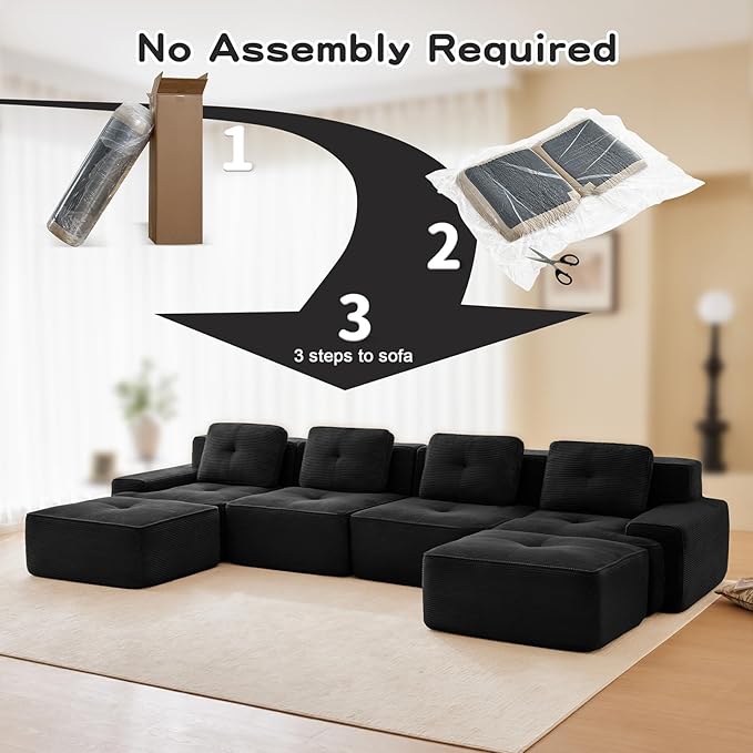 150" Modern Corduroy Cloud Sofa with Ottoman, U Shaped Boneless Modular Large Sectional Couches for Living Room, Black 4 Seater Compressed Memory Foam Couch, Extra Deep Seat, No Assembly