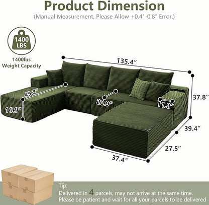 135" L-Shape Sofa with Ottoman, Modern Modular Sectional Comfy U-Shape Cloud Couch, Deep Seat, Upholstered Corduroy Sleeper Chaise Longue for Living Room Bedroom, No Assembly Required, Green