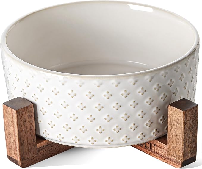 LE TAUCI Ceramic Dog Bowls for Large Dogs - 7" Elevated Water Bowl with Acacia Wood Stand, Single Pet Bowl Set for Food & Water, Clover