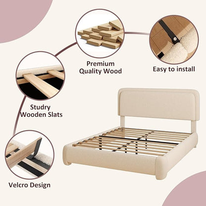 Queen Boucle Platform Bed Frame with Height Adjustable Headboard, Modern Upholstered Cloud Bed, Sleek Curved Design, No Box Spring Needed, Noise Free, Easy Assembly, Beige
