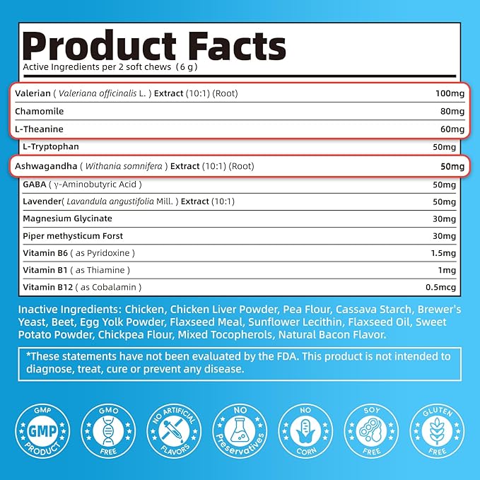 Calming Chews for Dogs – Calming Treats for Anxiety, Stress, Separation, Travel & Thunder, Non-Drowsy Alternative to Melatonin, Calm & Focus with Chamomile & Ashwagandha, Bacon Flavor, 90Ct