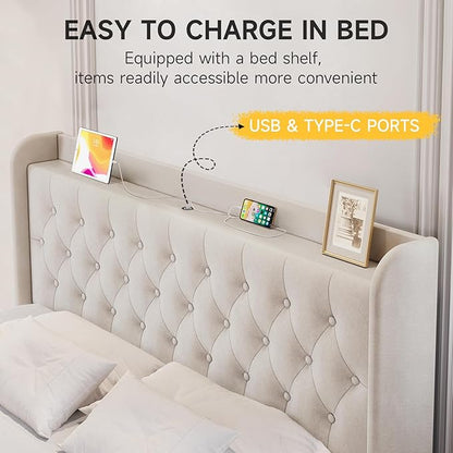 koorlian King Bed Frame, Velvet Adjustable Upholstered Platform Bed Frame with Type-C&USB Ports, Wingback Storage Headboard, Noiseless, Beige