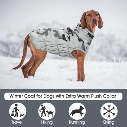 FUAMEY Dog Coat for Small Dogs,Waterproof Dog Winter Jacket with Harness Built in Puppy Cold Weather Coats Reflective Pet Vest with Zipper Warm Fleece Dogs Snowsuit Windproof Grey Camo XS