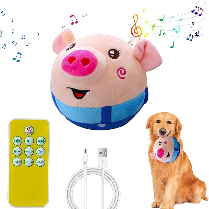 Interactive Dog Ball - Self Moving Plush Pet Toy with Music & Remote Control - Keeps Small/Medium/Large Dogs Busy (Blue Pig)