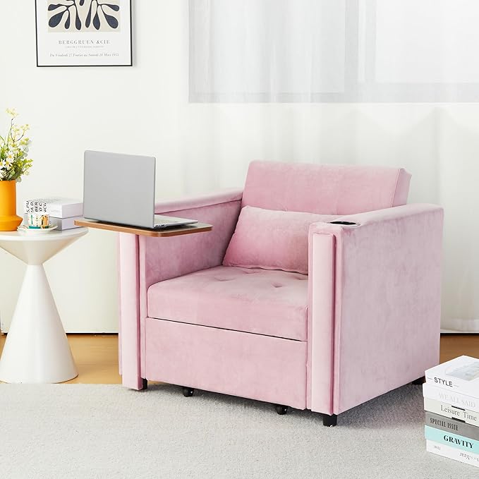 ORRD Convertible Chair Bed, 3-in-1 Multi-Functional Velvet Sleeper Sofa Pull-Out Couch Chair Bed with Adjustable Backrest and Hidden Side Table for Living Room, Small Space, Apartment (Pink)