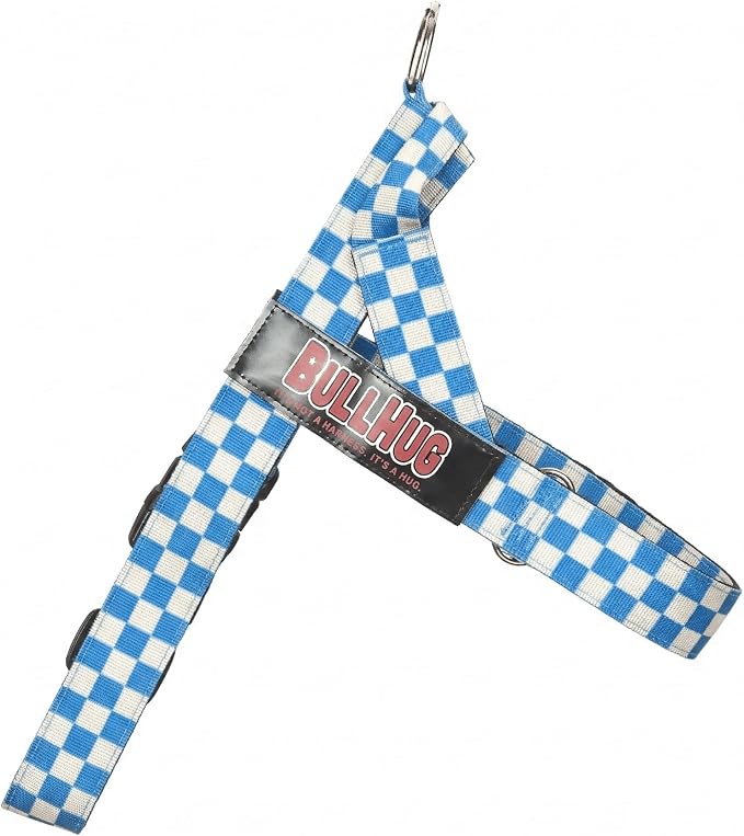 Adjustable Dog Harness– No Pull, No Choke – for English Bulldogs, French Bulldogs, Pugs & Broad-Chested Breeds – Easy, Safe Walks (Blue Checkers, Large)