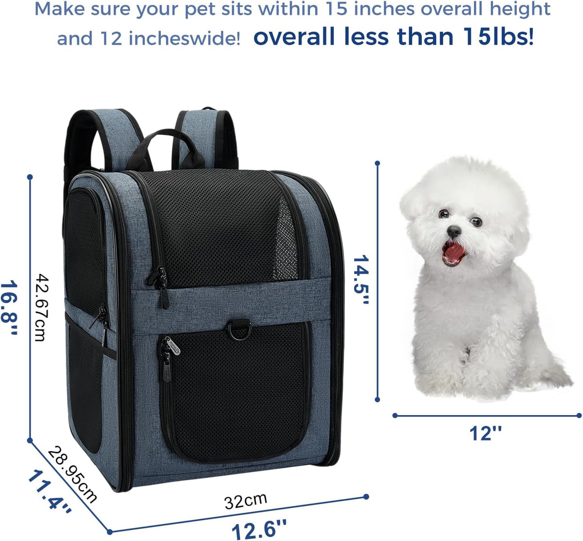 Apollo Walker Dog & Cat Carrier Backpack for 4-15lb Pets - Ventilated Safe Design with Padded Back Support, Breathable Mesh Pet Backpack for Hiking, Travel, Outdoor (Navy)
