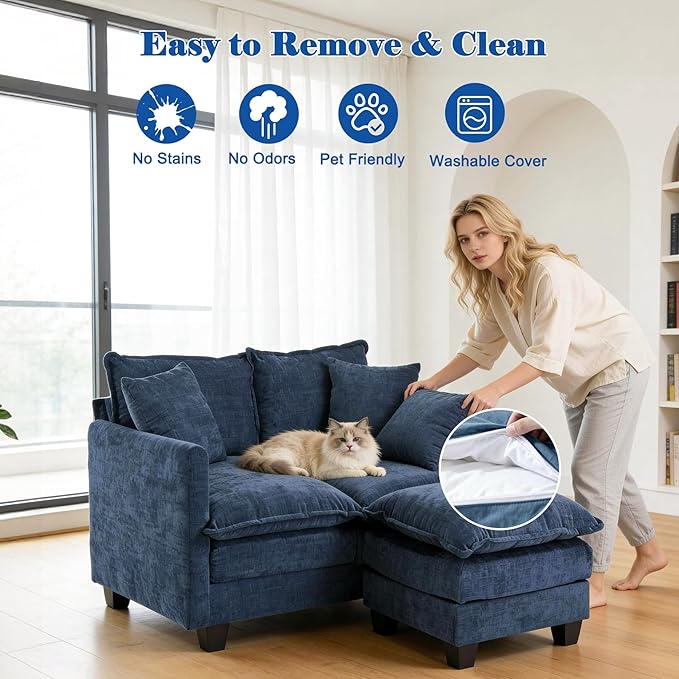 Loveseat Sofa with Ottoman, 50'' Modern L-Shape Cloud Couch Sofa Loveseat with 22'' Ottoman for Small Space/Apartment/Office/Living Room 8834-BLUE-L