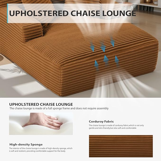 50 Inches Chaise Lounge Indoor, Oversized Chaise Lounge Chair with 3 Throw Pillows and Armrests, Corduroy Upholstered Plush Sofa Bed Lazy Chair Bed Sleeper Chair for Living Room Apartment (Orange)