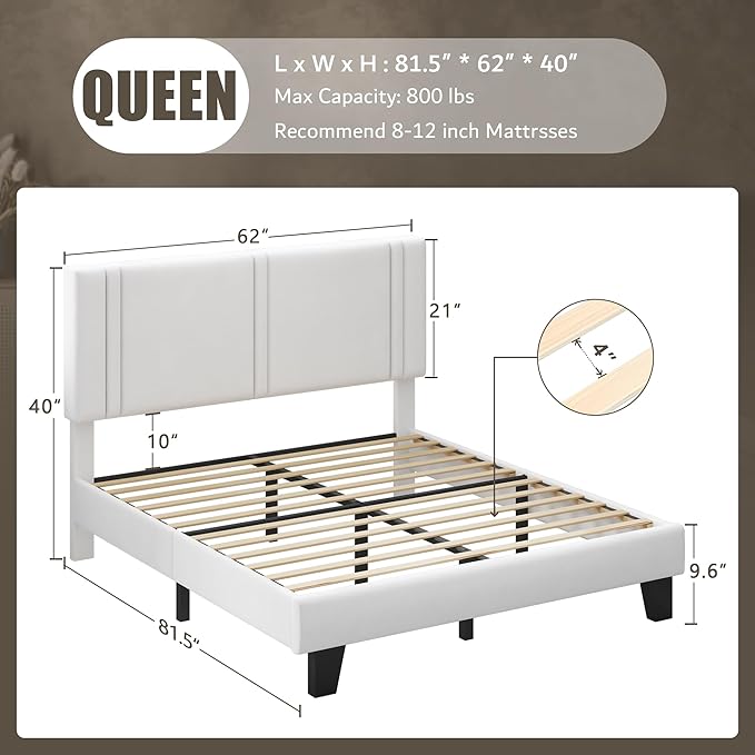 iPormis Queen Platform Bed Frame with Velvet Upholstered Headboard & Thickened Legs, Mattress Foundation with Solid Wooden Slats Support, No Box Spring Needed, Noise Free, White