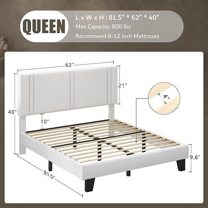 iPormis Queen Platform Bed Frame with Velvet Upholstered Headboard & Thickened Legs, Mattress Foundation with Solid Wooden Slats Support, No Box Spring Needed, Noise Free, White