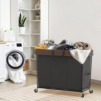 Mefirt 320L Laundry Hamper with Wheels, 3 Section Large Rolling Laundry Basket Bag with Wheels, Clothes Hamper Cart for Laundry, Bedroom, Bathroom and Dorm