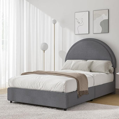 Twin Size Bed Frame, Boucle Upholstered Platform Bed with Headboard, Cloud Bed Frame with Soft Rounded Corners, No Box Spring Required, Easy Assembly, Grey